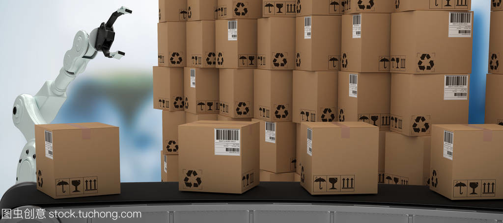 復合圖像中的立體生產線 以堆疊棕色紙板盒構成的紙板復合生產線為例